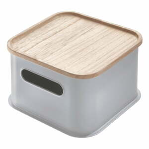 Sivý úložný box s vekom z dreva paulownia iDesign Eco Handled, 21,3 x 21,3 cm