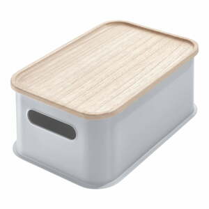 Sivý úložný box s vekom z dreva paulownia iDesign Eco Handled, 21,3 x 30,2 cm